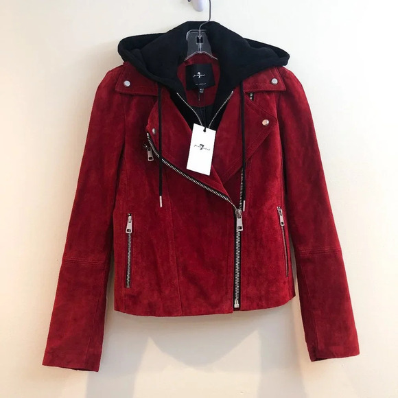7 For All Mankind Red Leather Bold Western Detachable Hooded Moto Zip Jacket NWT - Picture 2 of 11